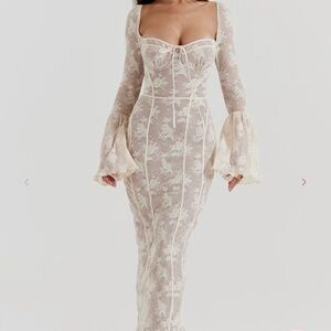 House of CB Cream Bodycon Dress with Sweetheart Neckline and Bell Sleeves